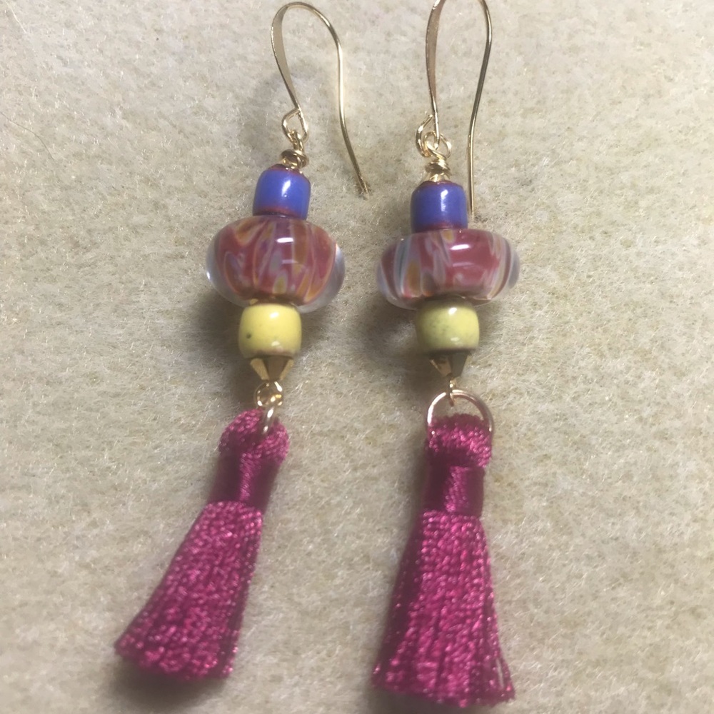 Handmade glass bead and tassel earrings
